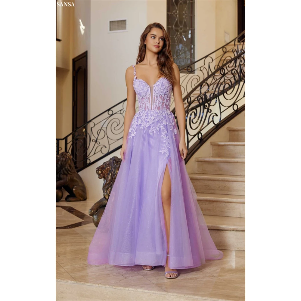 

Sansa Customized A-line Light Purple Side Split Prom Dresses Floral Straps Vestidos De Noche Floor-Length Formal Evening 2025