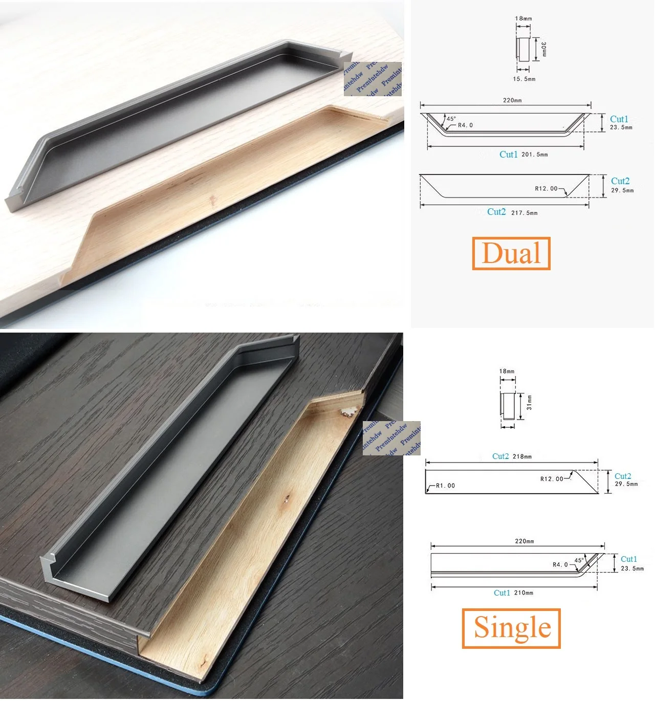 1Pc 220mm Long Aluminum Cabinet Built-in Finger Pull For Furniture Cupboard