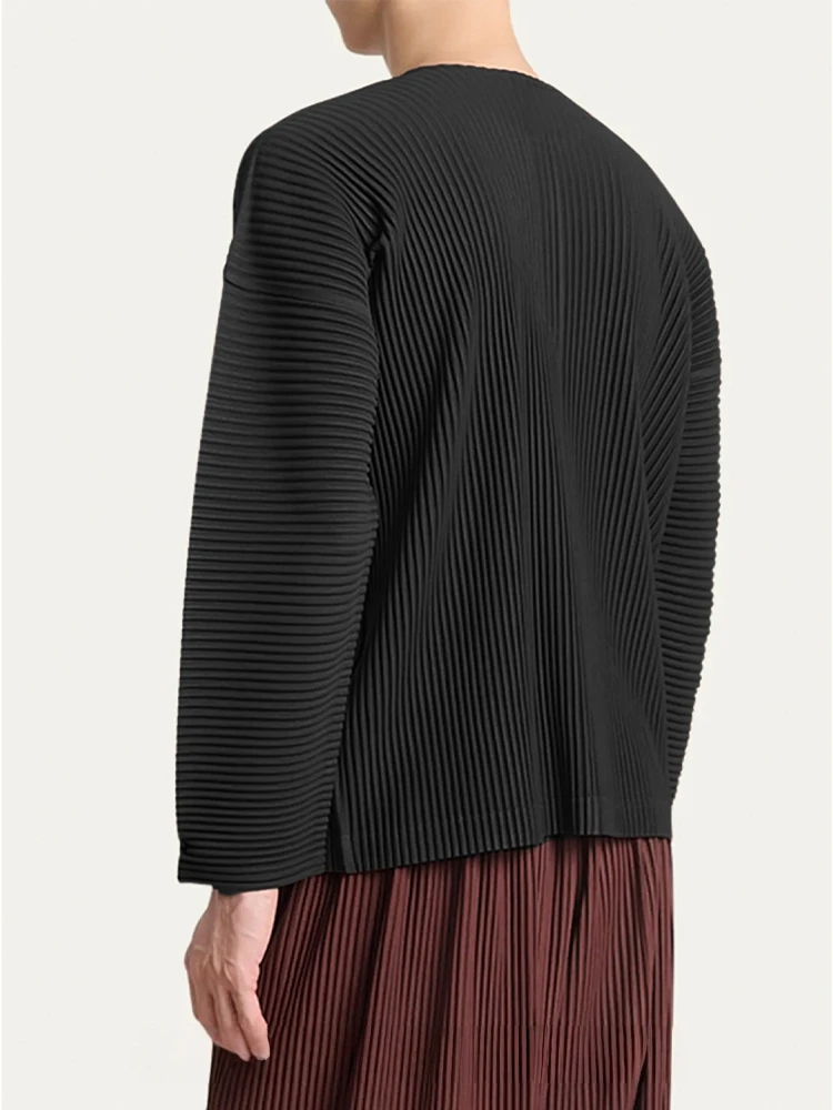 Miyake Pleated Men's Henley Neck T-Shirt Long Sleeve Casual Top Minimalist Fashion