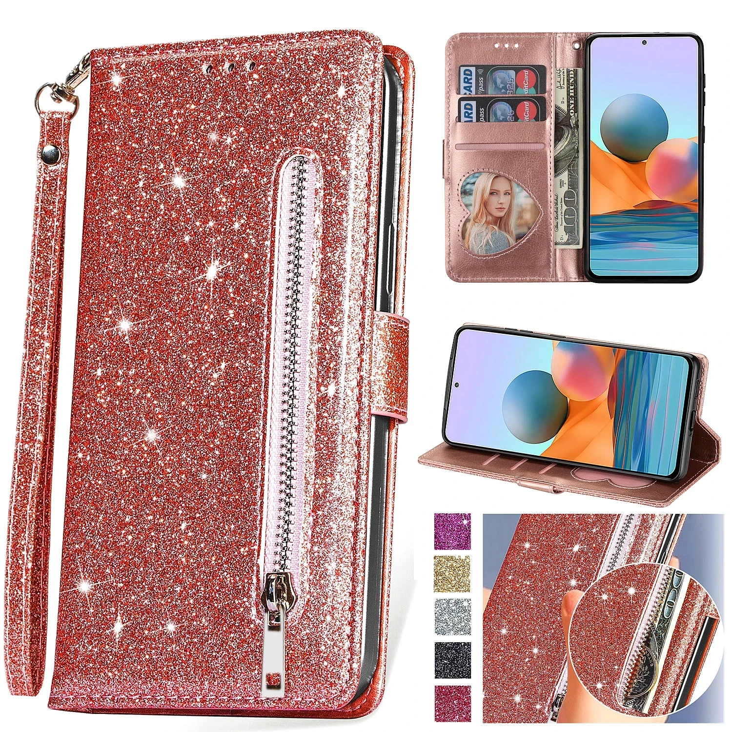 Étui en cuir à paillettes avec fermeture éclair pour Xiaomi RedMi Note 12S 11S 10S 9S 12 11 10 9 8 7 Pro + 10C 9T 9A 9C 12C, portefeuille à rabat