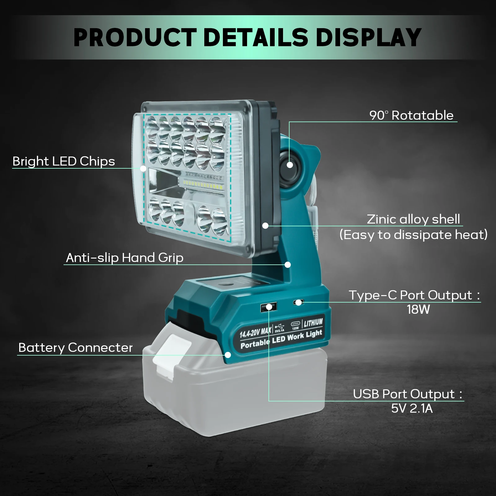 28W 2000LM LED Work Light for Makita 14.4-20V Li-ion Battery Lamp Flashlight Outdoor Emergency Lighting with USB Type-C Port