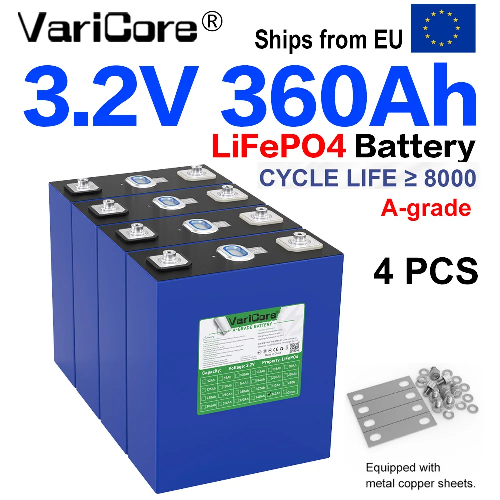 VariCore 3,2V 360Ah 4 Stück LiFePO4 Batterie |   3,65V Ladeabschaltung |   Deep Cycle für Solar, Wohnmobile, Off-Grid |   Lange Lebensdauer