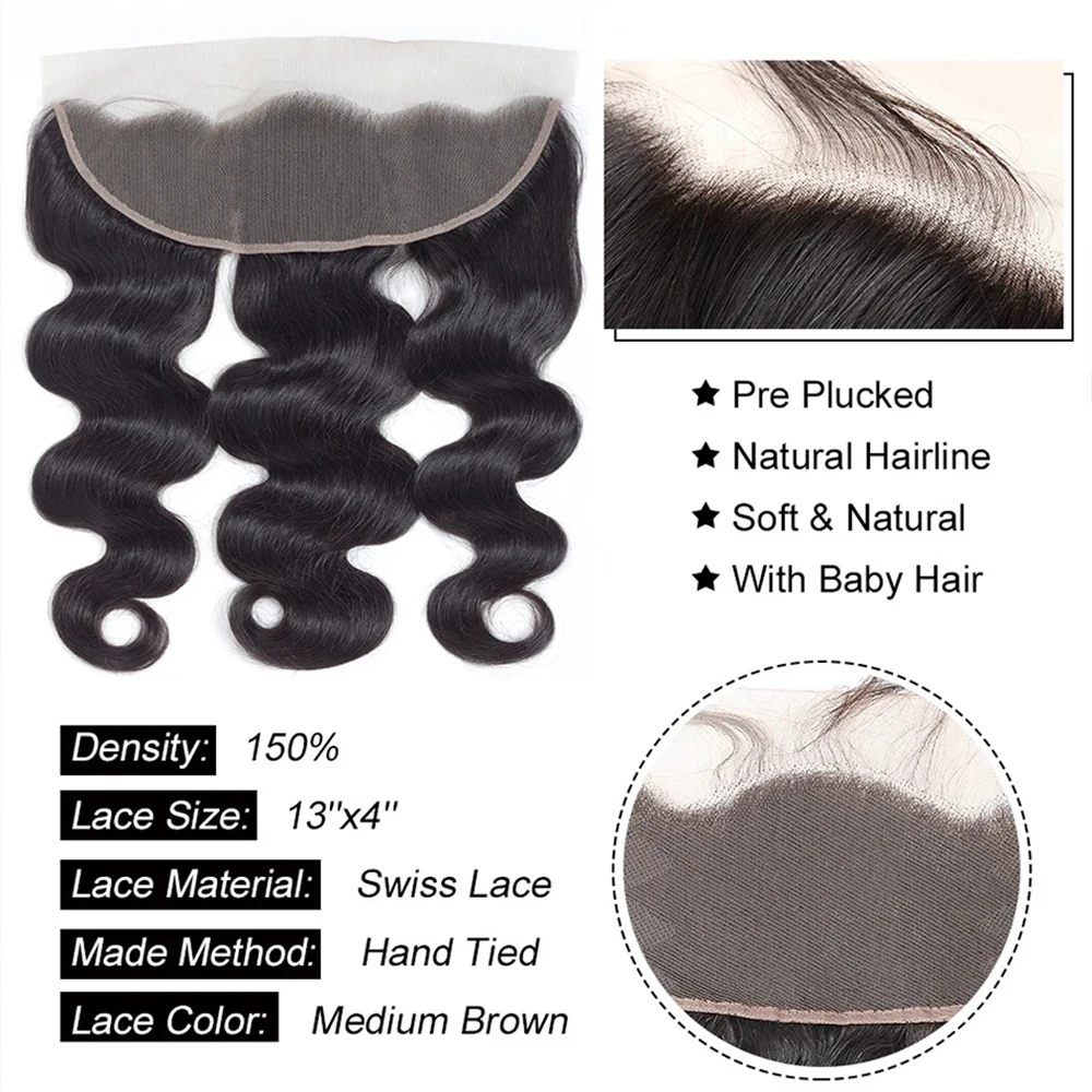 Brazilian Raw Hair Bundles With Closure 100% Human Hair Bundles With Frontal HD Transparent Lace Closure With Hair Weave Bundles