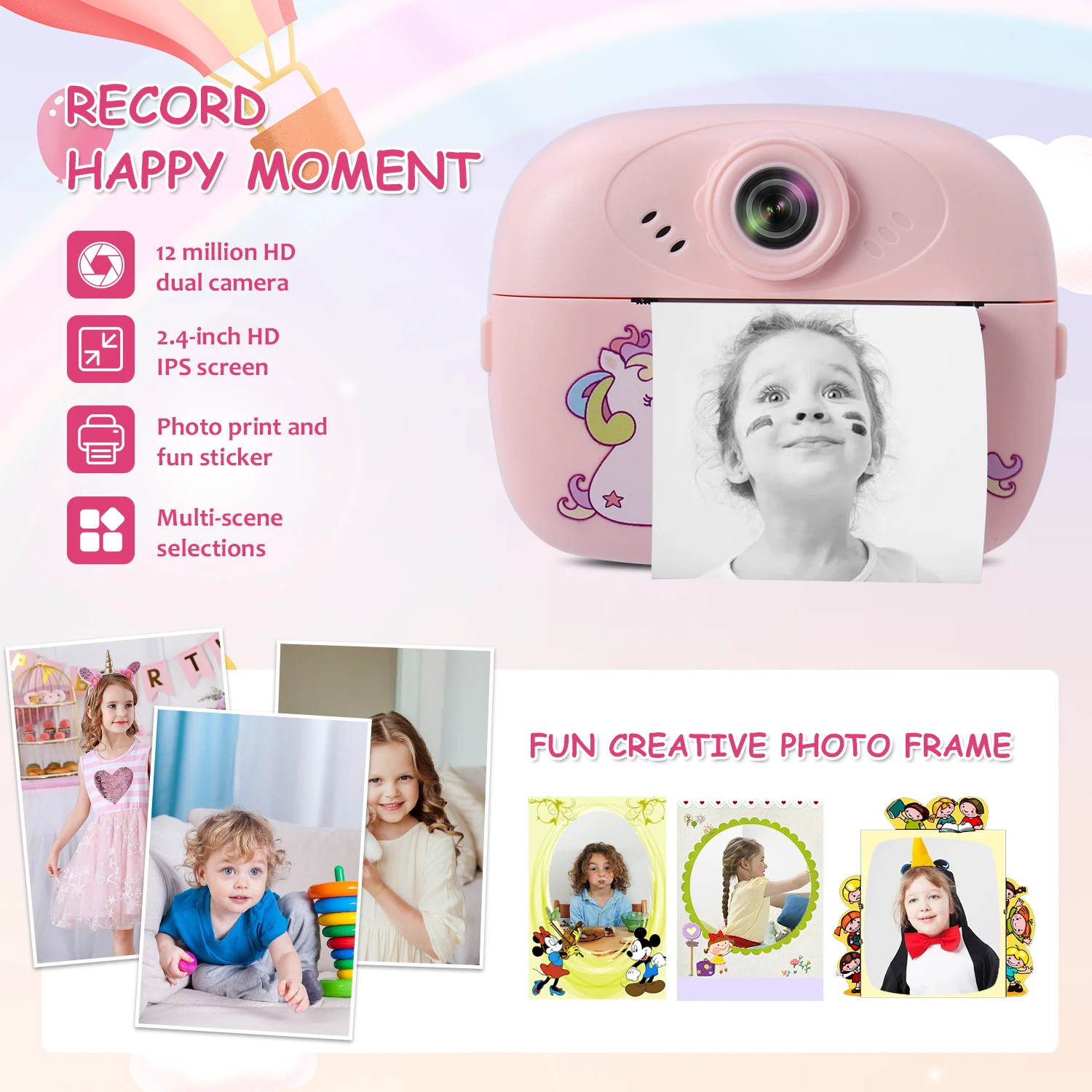 57mm Children\'s mini thermal print camera instant print photo support recording video suitable for children\'s Halloween gifts