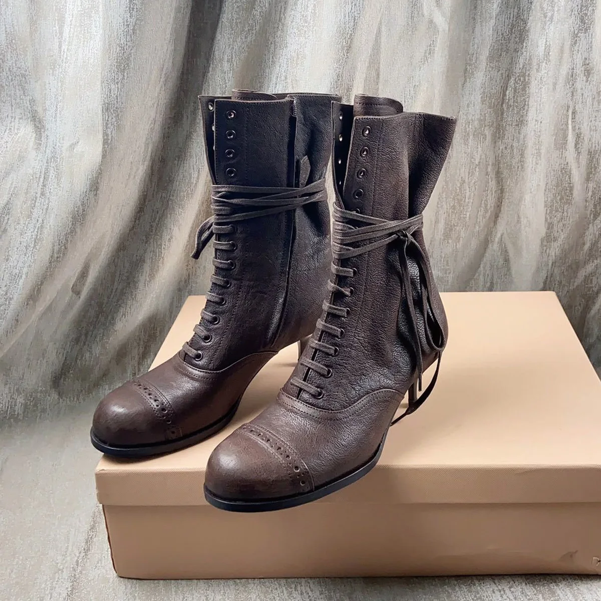 2026 High Quality winter Women Shoes Vintage Round Toe Lace Up Mid Calf Stiletto Ankle Boots For Daily Wear ch24090843