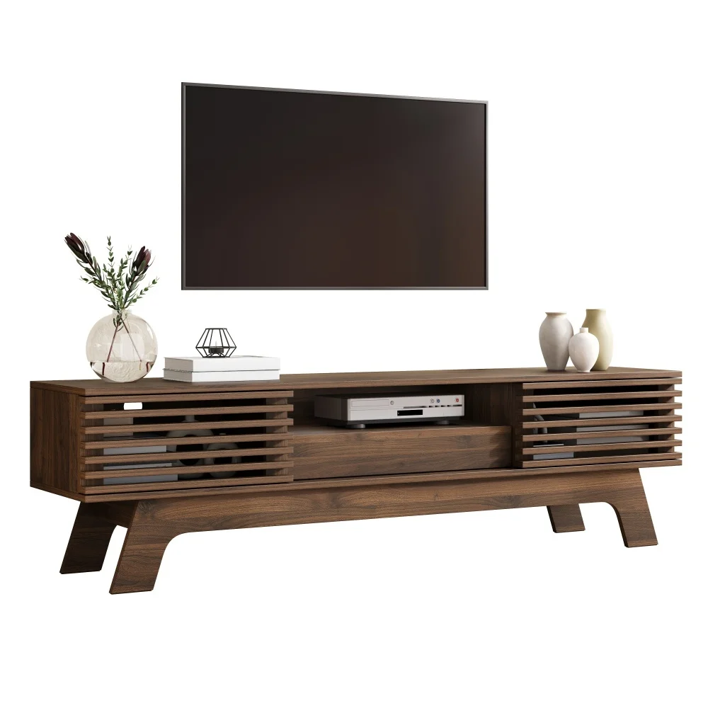 Mobile porta-TV, 150 × 35 × 44 cm, con 2 ante a lamelle, un cassetto e vani aperti, sistema per la gestione dei cavi, realizzato in MDF, mobile moderno per la zona TV in soggiorno, colore noce.