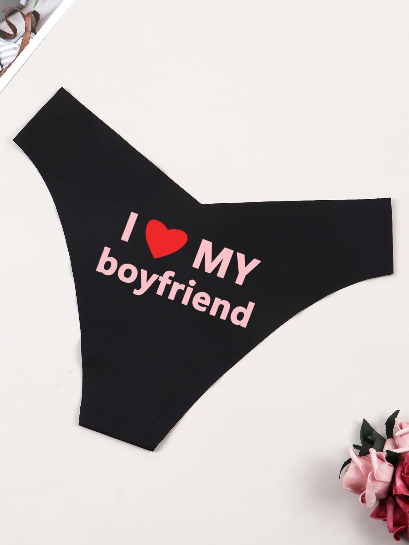 Women Funny Print Thong Seamless Sexy Underwear with i love my boyfriend Prints Cheeky Bikini Lingerie