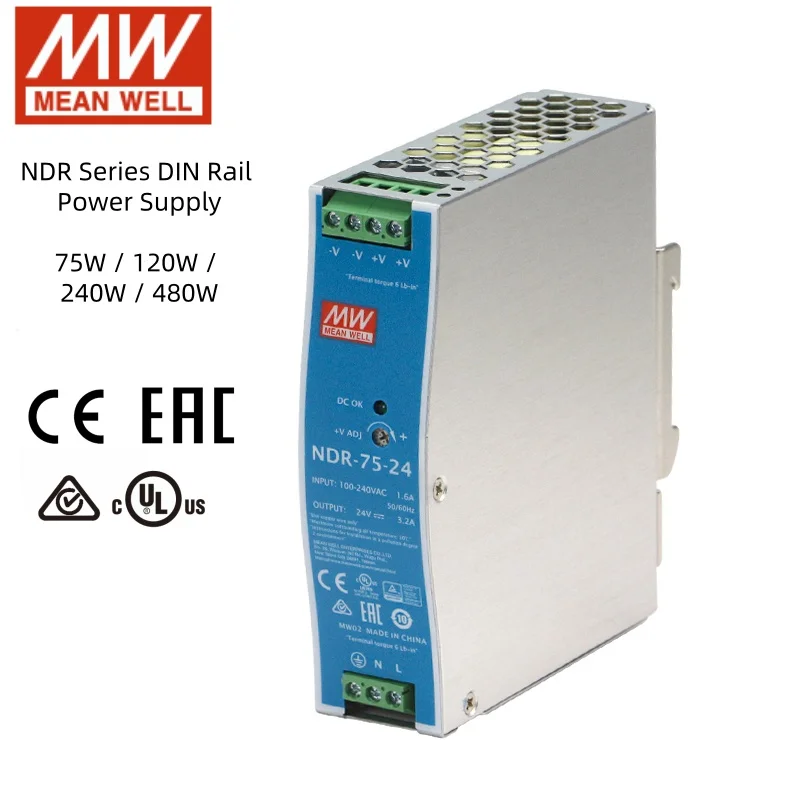 Mean Well NDR Series Industrial DIN-rail Power Supply With Single Output 75W120W 240W 480W 90-264VAC Switching Power Supply