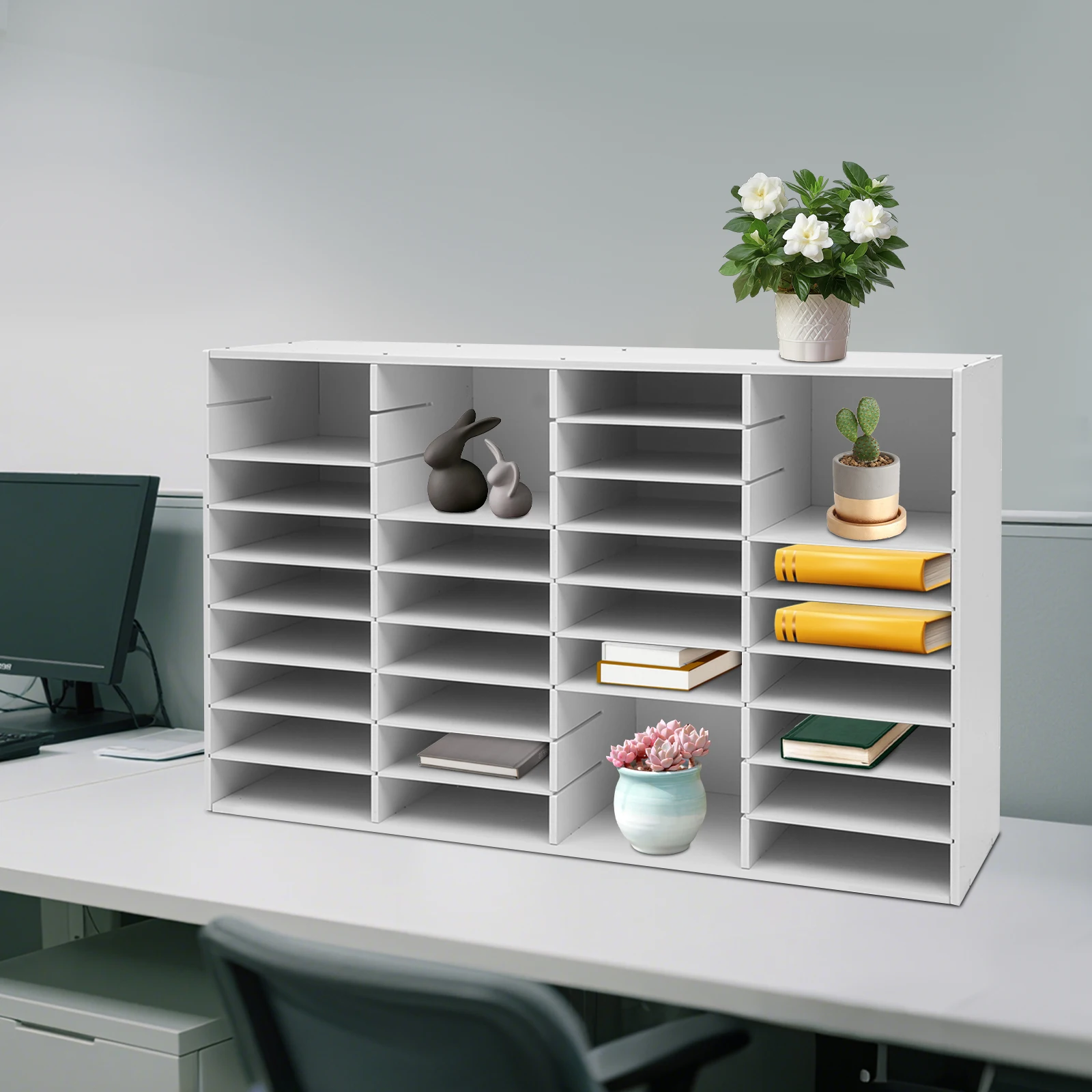 Organisateur de documents avec 36 compartiments, support de classement de bureau en PVC blanc, boîte à courrier pour bureau, conçu pour accueillir des livres entiers, des magazines et d’autres articles similaires.