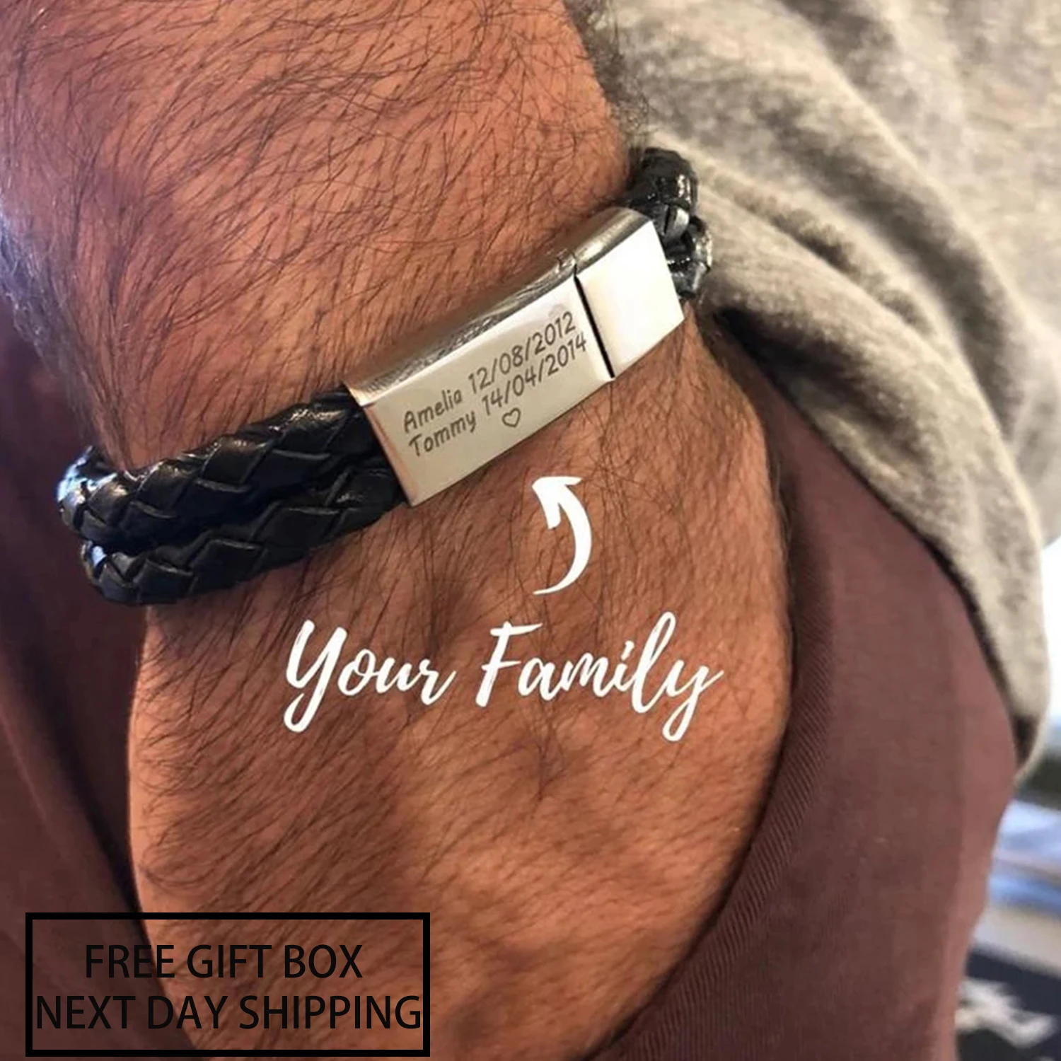 Personalized Black Leather Explorer Bracelet For Men Custom Engraved Name Date Strong Magnetic Clasps Bracelet Father\'s Day Gift