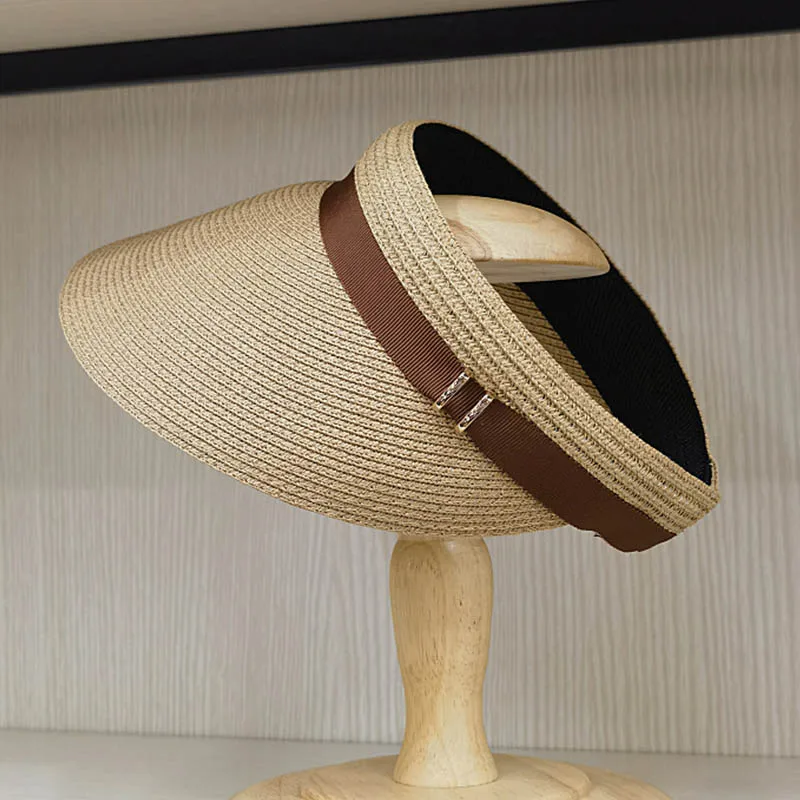 Wide Brim Summer Cap Sun Visor Cap with Elastic Head Straw Cap Sun Visor Hat for women Beach Cap Baggy Sun CaAdjustable Packable