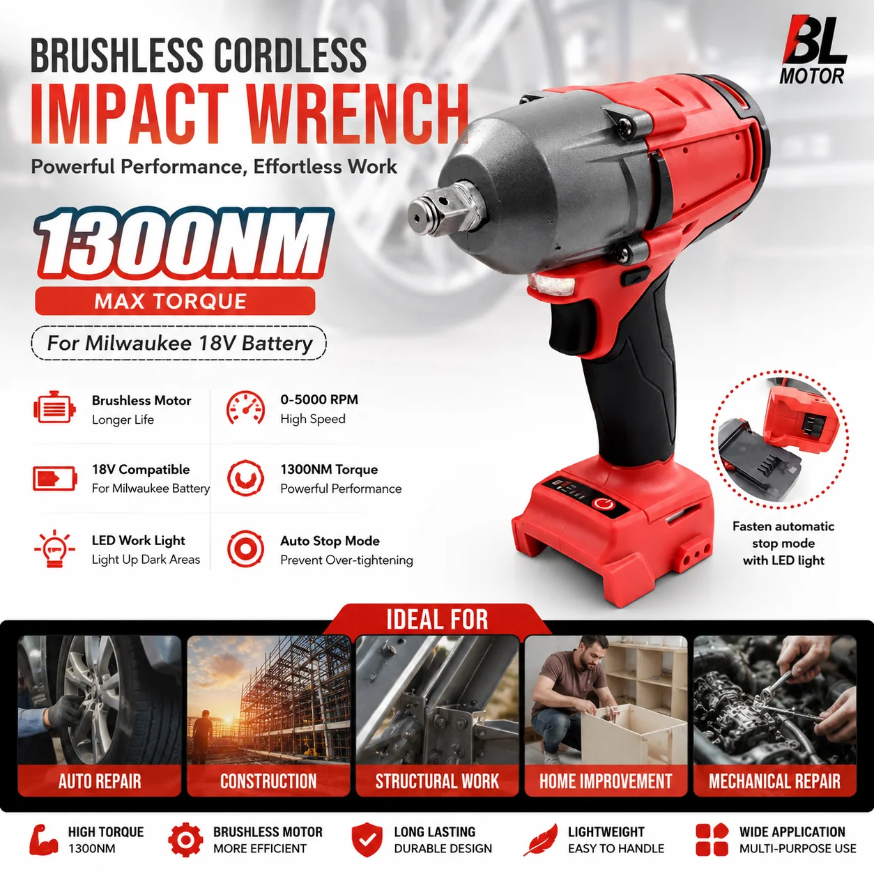 Avvitatore a impulsi senza fili brushless da 1/2 pollice, coppia elevata 0-5000 RPM, compatibile con batteria Milwaukee 18V, luce di lavoro a LED, utensile elettrico per riparazioni automobilistiche