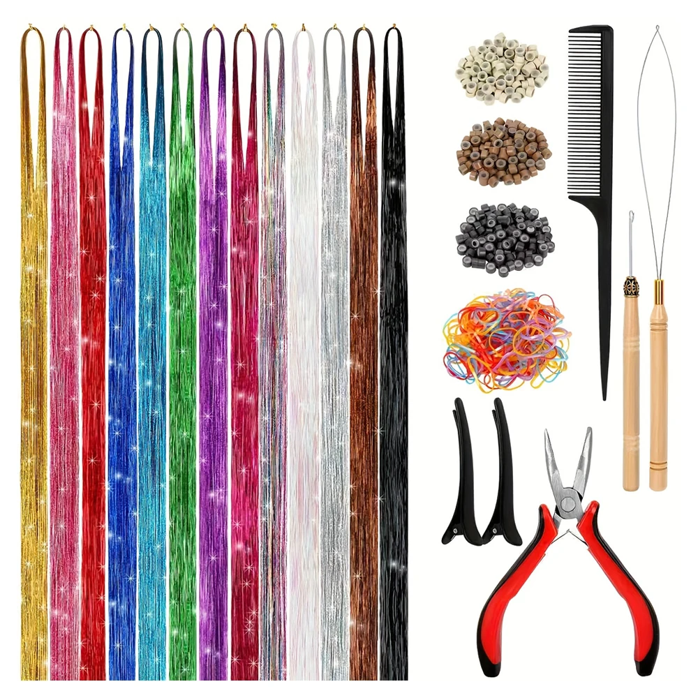 

Hair Tinsel Kit 13 Colors Sparkling Hair Extensions Heat-resistant Colored Hair Accessories Perfect for Parties and Holidays Fai