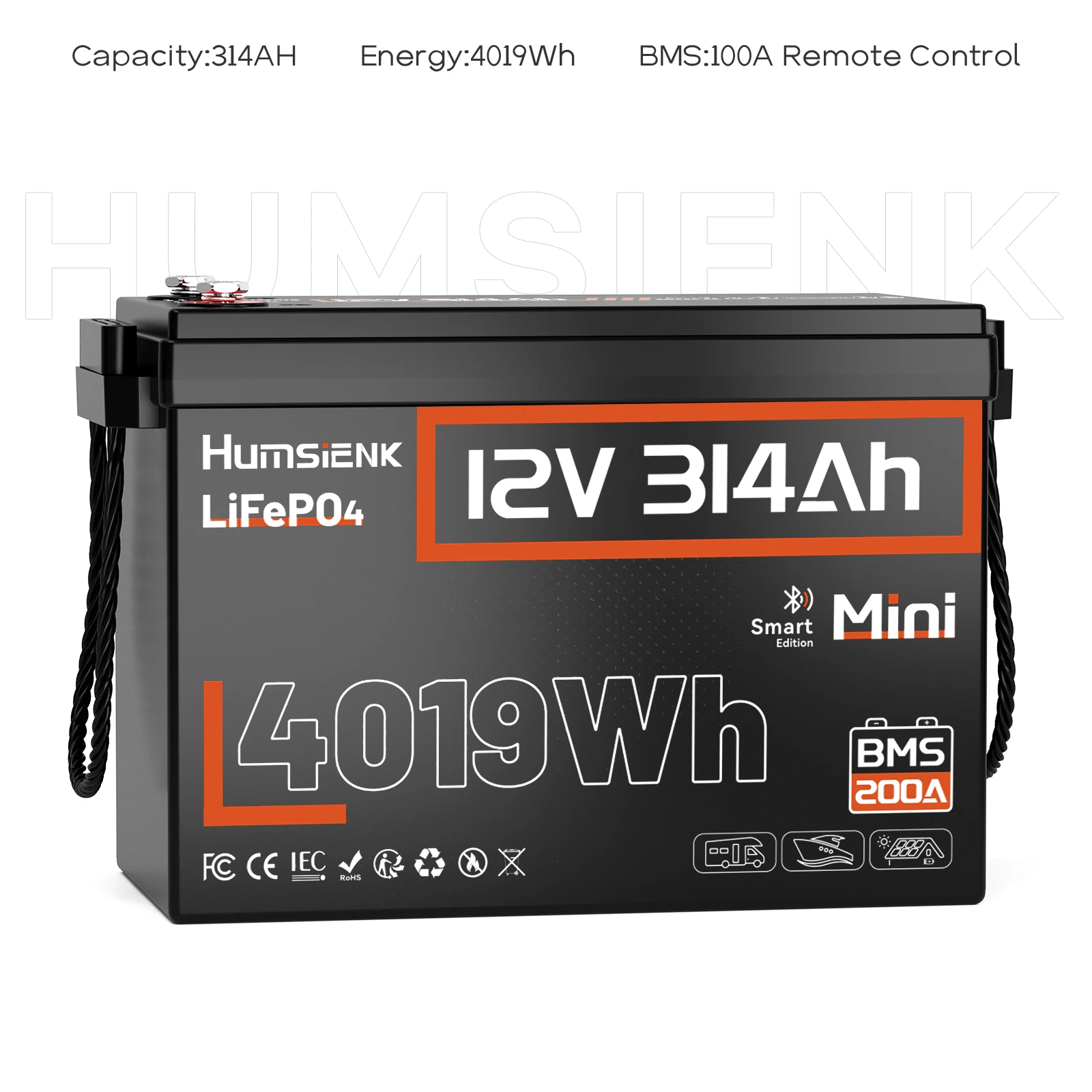 Humsienk 12V 314Ah LiFePO4 Lithium-Batterie mit Bluetooth-App, integriertem 200A BMS, 15000+ Zyklen, Mini-Format, kompakt & leicht, Niedertemperaturschutz – für Wohnmobile, Marine, Solar,