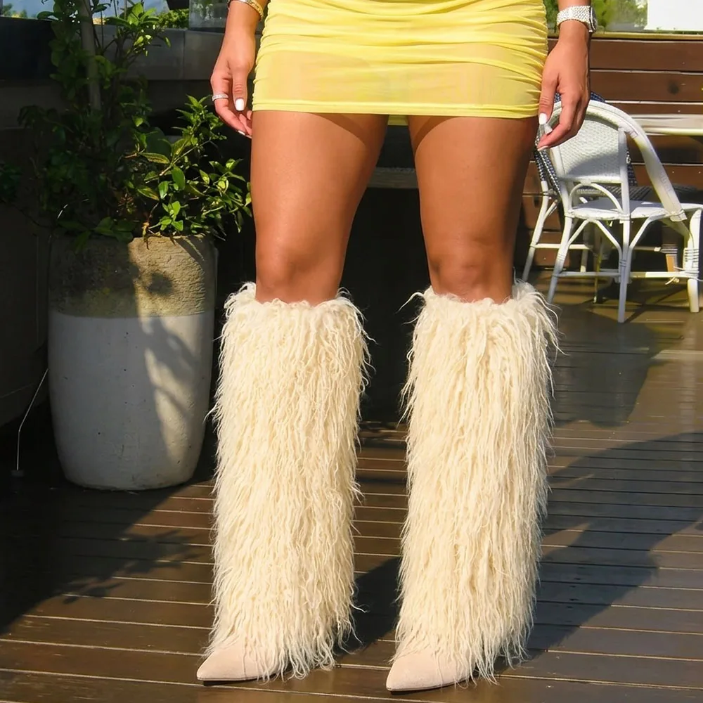 Women Knee High Boots Stiletto High Heel Furry Fluffy Fashion Luxury Sexy Elegant Winter Snow Shoes For Woma