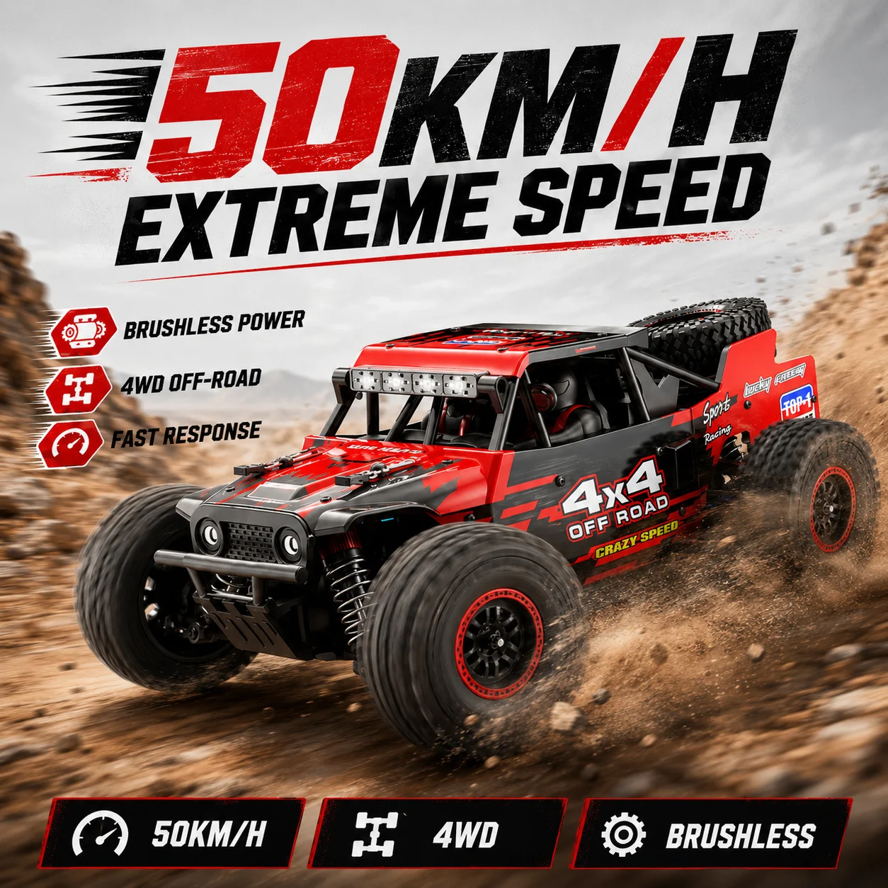 50 km/h RC-Auto Off-Road Vollproportional Drei Geschwindigkeiten Einstellbar Mehrfache LED-Leuchten Überspannungsschutz Mehrspieler-Rennen