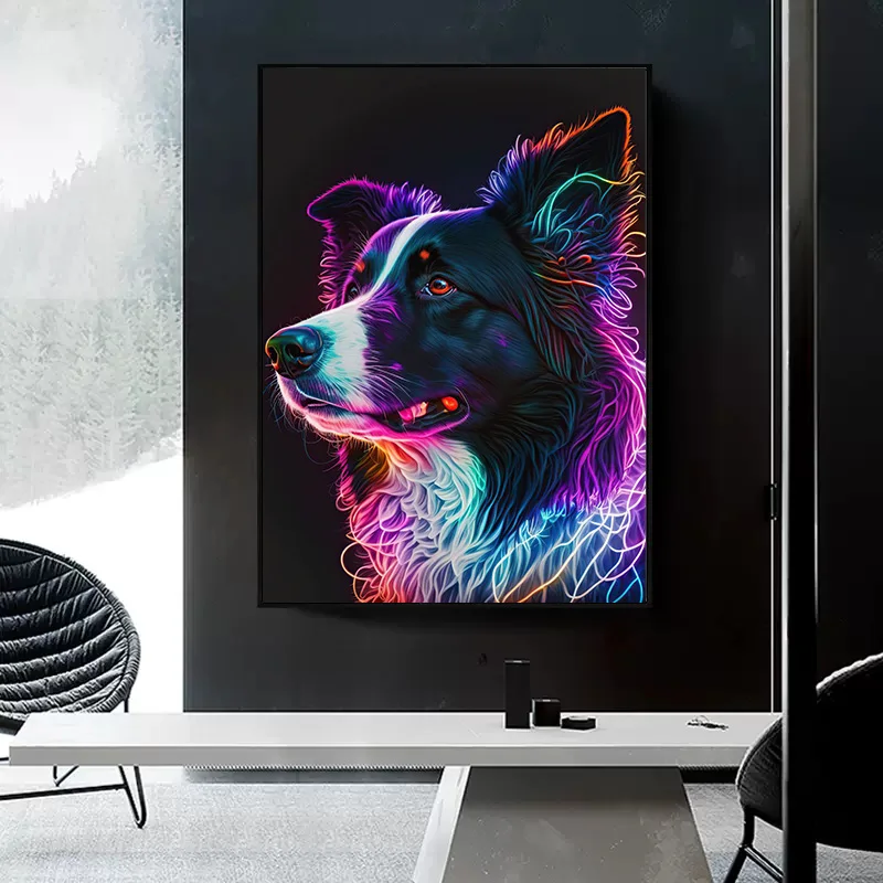 Neon Effect Dog and Cat Poster Canvas Printing Border Collie Morden Wall Art Decor Picture Animal Decor Aesthetic Home No LED