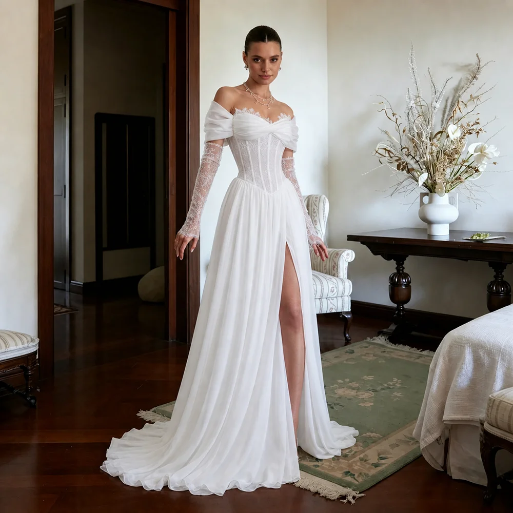 Off Shoulder Long Sleeevs Modern Sweetheart Bridal Gowns High Split Drop Waist Lace Bodice Chiffon A Line Ivory Wedding Dress