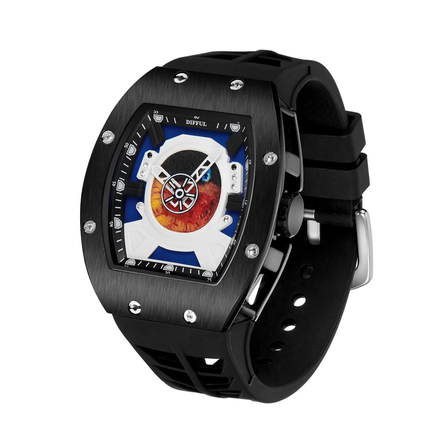 Free Shipping Black Tonneau Shape Silicone Band astronaut Dial Men Fake Automatic Watch For Men