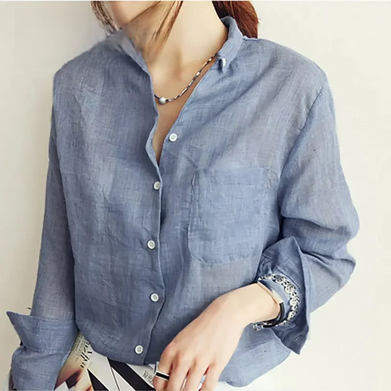 Femmes automne coréen Harjauku solide coton et lin Blouse Vintage solide mince chemise ample 2022 décontracté à manches longues coréen hauts