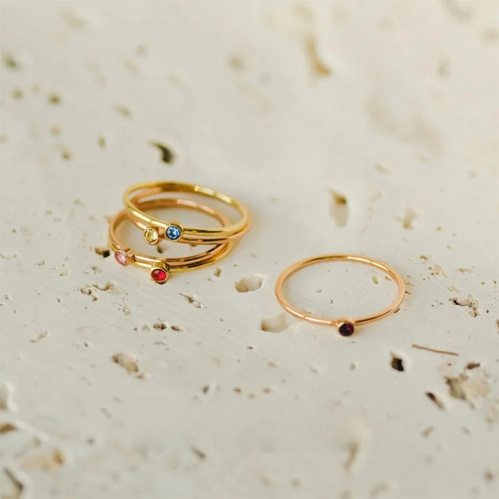 EManco – bague en pierre de naissance 12 couleurs, en acier inoxydable plaqué or, Style Simple à la mode pour femmes, cadeau de fête de Festival