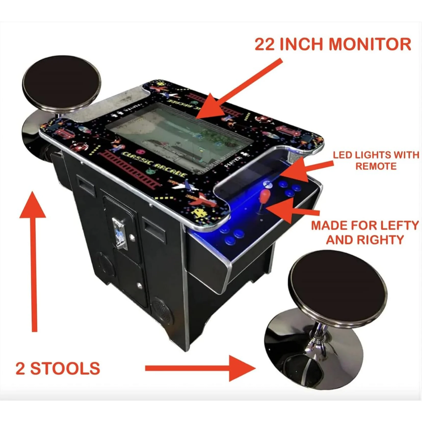 FULL S!ZE COMMERC!AL GRADE COCKTA!L ARCADE MACH!NE 2 PLAYER RETRO 412 GAMES 22 INCH LCD SCREEN TEMPERED GLASS 2 STOOLS INCLUDED 5 YEAR WARRANTY BLACK