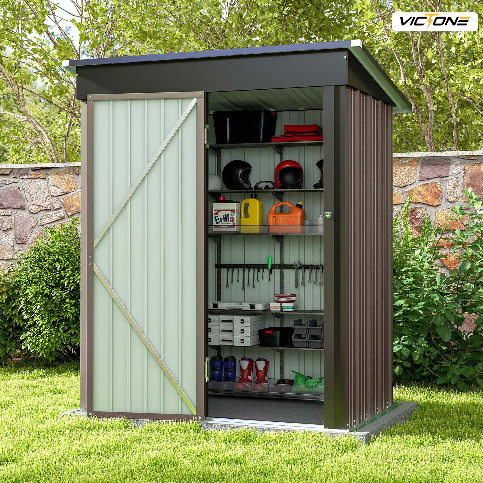 

Victone 5x3 FT Outdoor Storage Shed, Tool Shed with Sloping Roof and Lockable Door, Metal Shed for Backyard Garden Patio Lawn