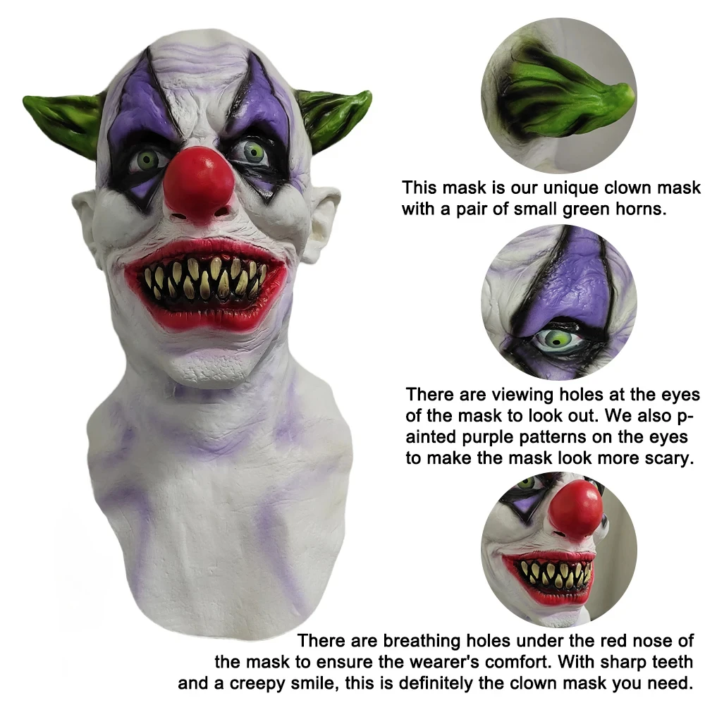 Cosplay Evil Joker Maschera Horror Killer Clown Maschere a pieno facciale in lattice Creepy Green Horned Red Nose Clown Copricapo Halloween Prop