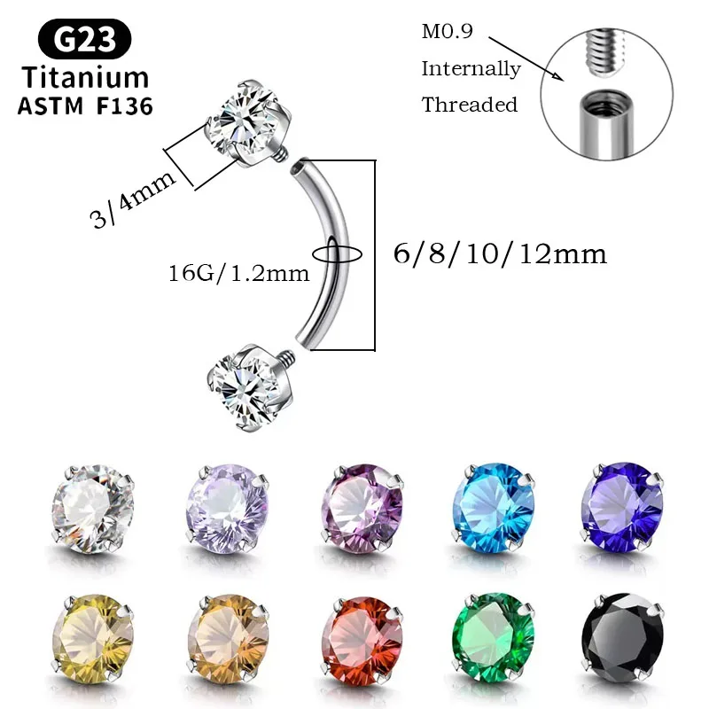 NORYAN ASTM F136 Titanium 16G 5A CZ Cartilage Helix Daith Rook Earring Eyebrow Curved Barbell Labret Lip Piercing Body Jewelry