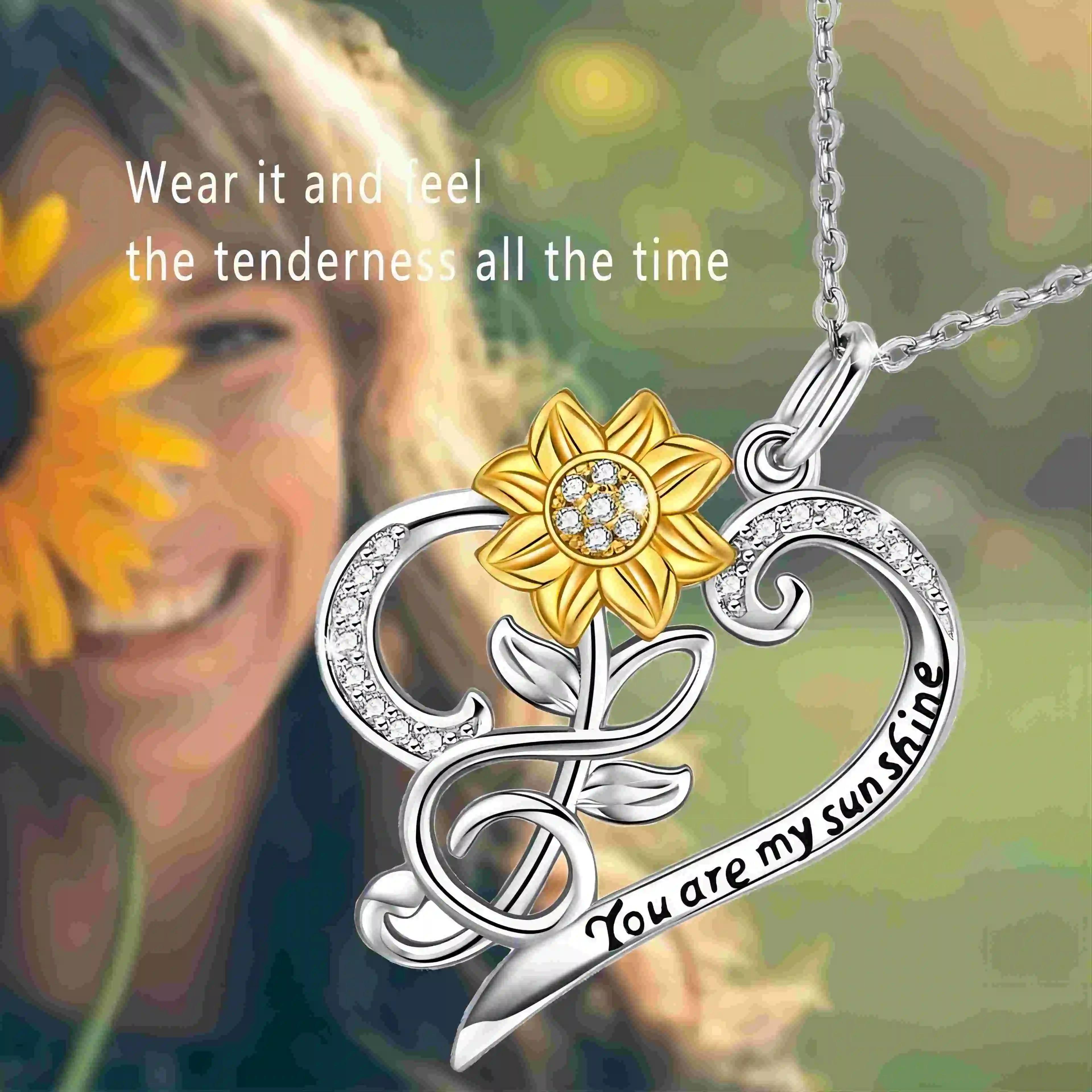 Sunflower Necklace- You are My Sunshine Necklace Sunflower Heart Shape Pendant Music Note Jewelry Gift for Women Mother's Day Bi