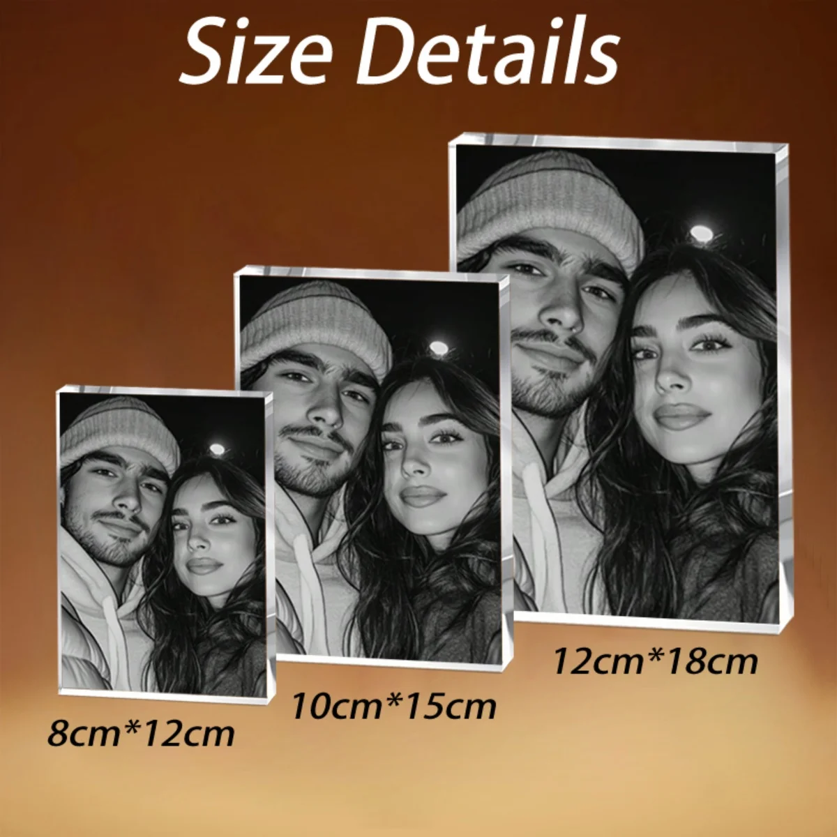

A customizable acrylic desktop ornament offering a variety of personalized photo options, including artistic shots, couple photo