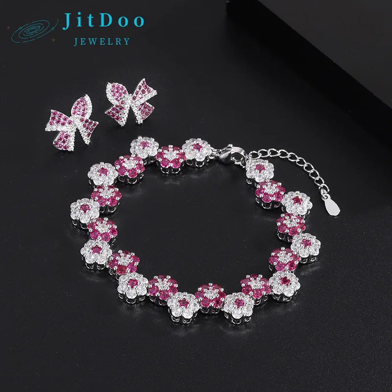 

JitDoo Woman Trendy Charms Bow Stud Earrings Bracelets on Hand Red Flower Crystal Wedding Anniversary Set Luxury Dubai Jewelry