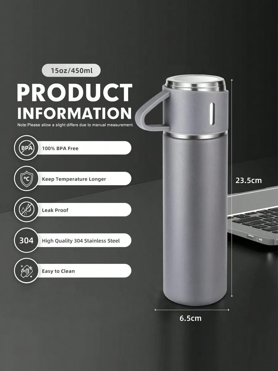 ترمس 500 مل هدية شرب ترمس زجاجي مع 2 كوب