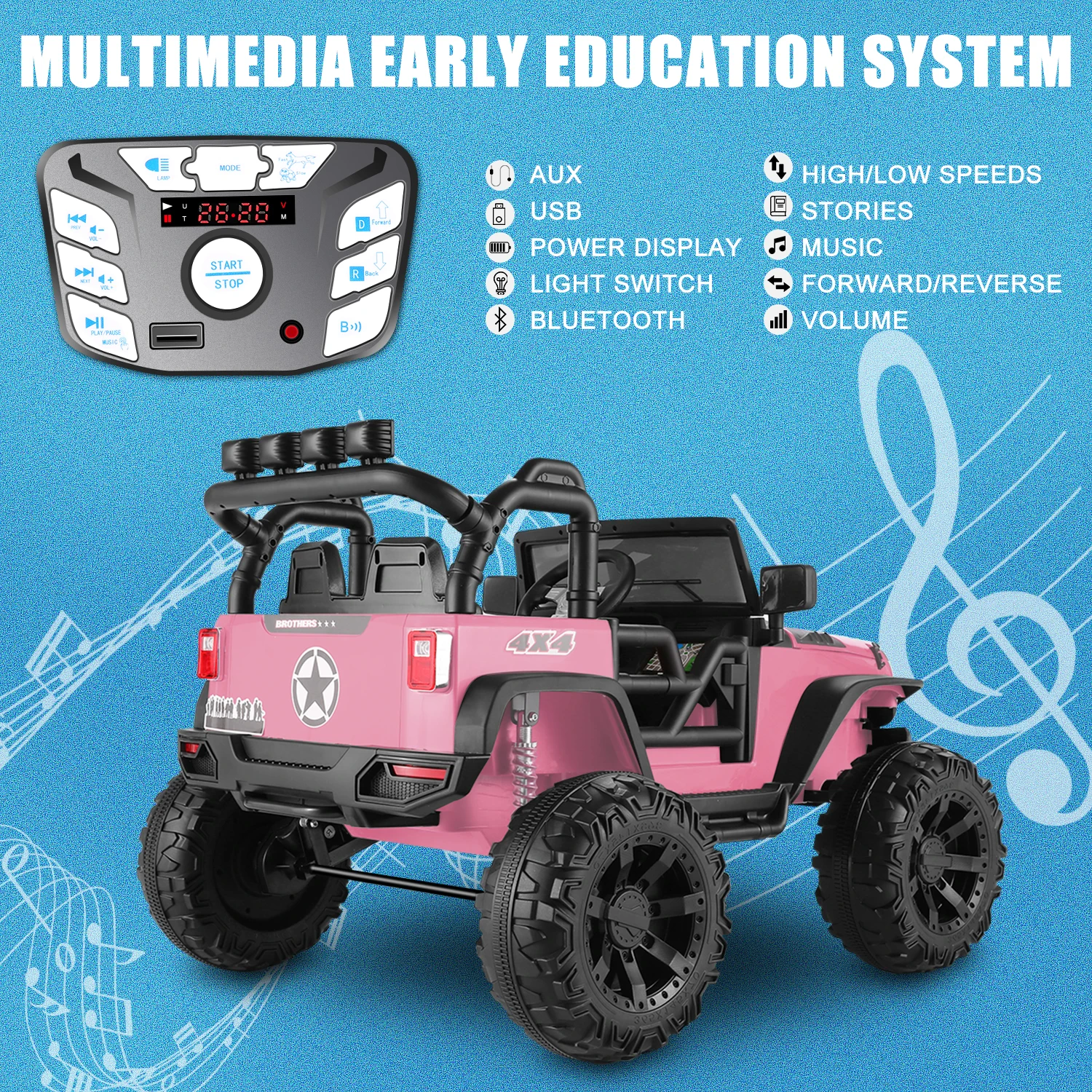 Kids Ride on Car Truck com controle remoto, 2 lugares Jeeps elétricos, 2x200W Motor, suspensão de mola, 3 velocidades, rosa, 24V