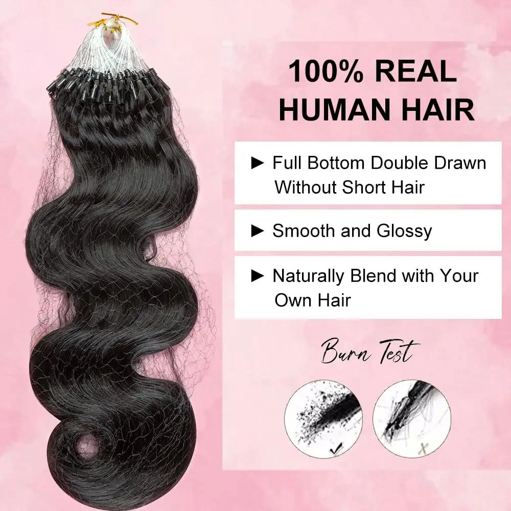 Body Wave Moresoo Micro Ring Hair Extensions 18inch Wave  Microlink Human Hair #1B Micro Beads Human Hair Extensions 50S/50G