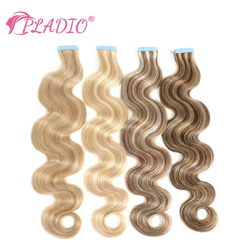 PLADIO-extensiones de cabello con cinta ondulada, cabello humano Natural Real, adhesivos de trama de piel rubia europea, cabello Remy de 12 