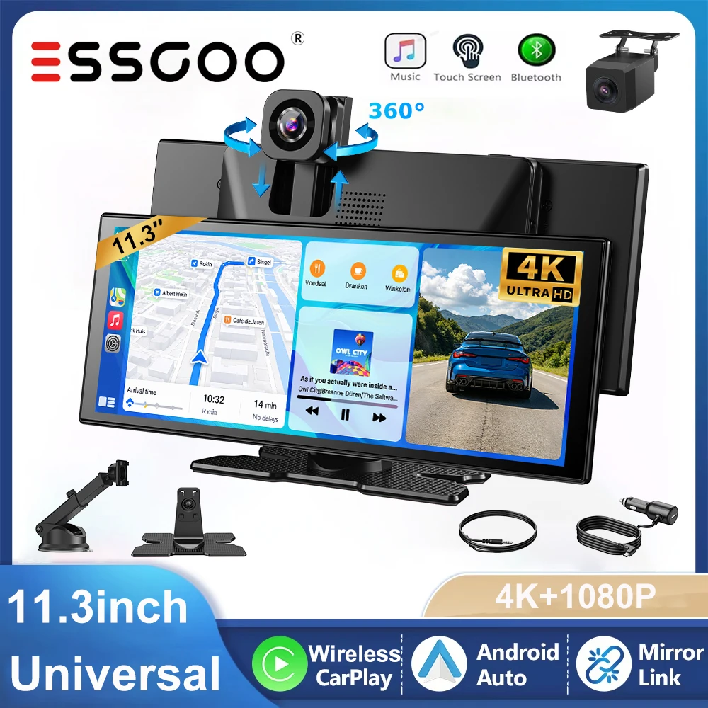 ESSGOO 11.3" 4K+1080P Carplay universale Portatile Wireless CarPlay Android Auto Registratore di guida con doppio obiettivo e telecamera di retromarcia Visione notturna WiFi Navigazione GPS