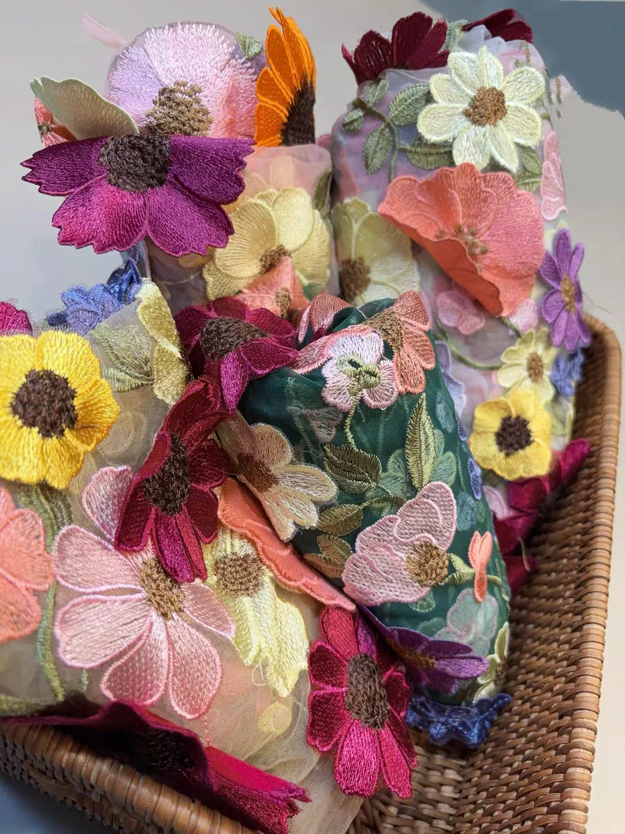 

3d flower embroidered lace fabric colorful floral tulle mesh fabric for baby tutu dress banquet dress bridal wedding dress