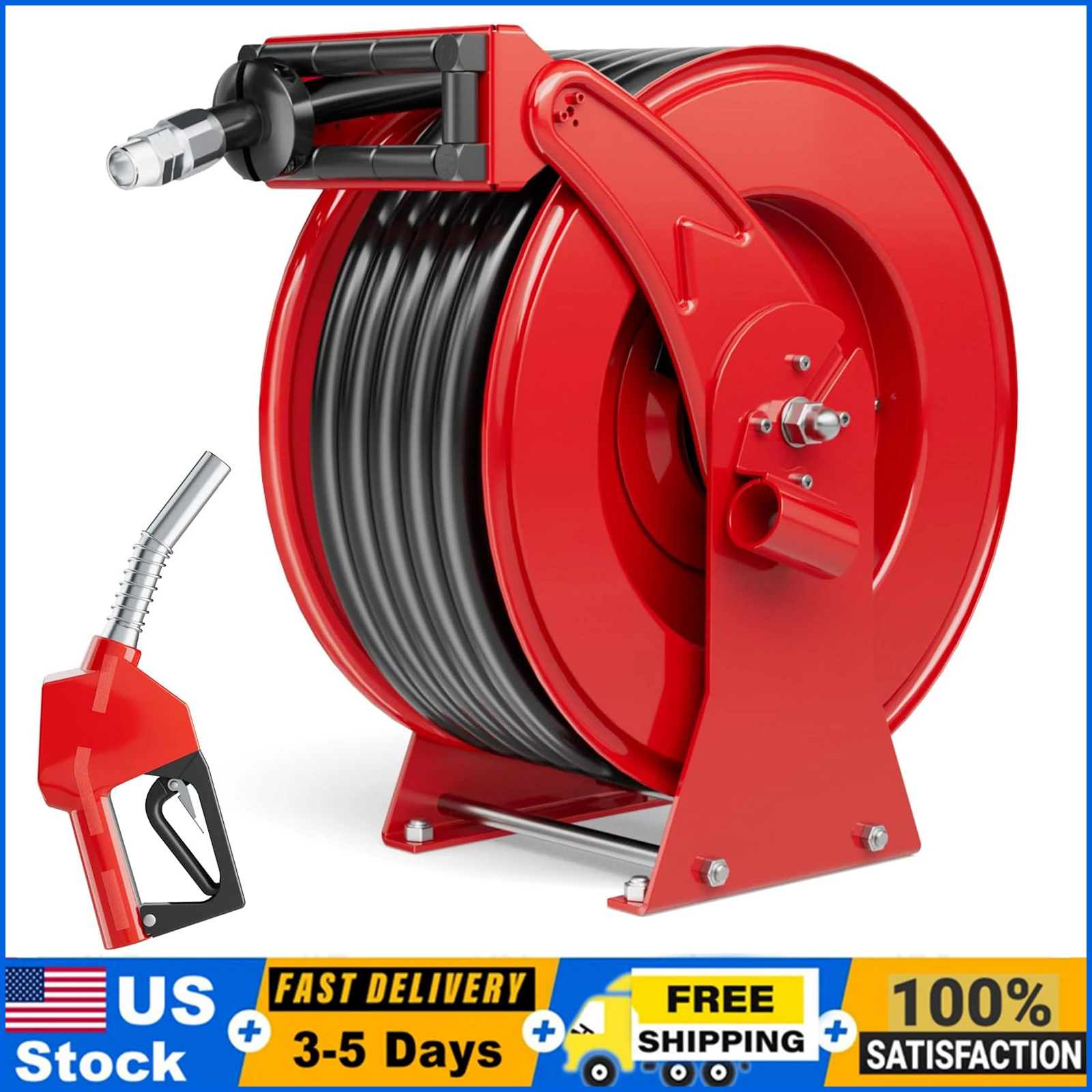

Fuel Hose Reel Retractable, 3/4" x 66FT with Fueling Nozzle, Auto Rewind Spring Driven Diesel Hose Reel, 300PSI Heavy Duty, Red