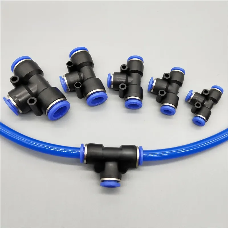 Connecteur pneumatique en forme de T à 3 voies, 4mm 6mm 8mm 10mm 12mm 14mm 16mm, tuyau OD, verrouillage coulissant pour Air et gaz, adaptateurs de connecteur rapide