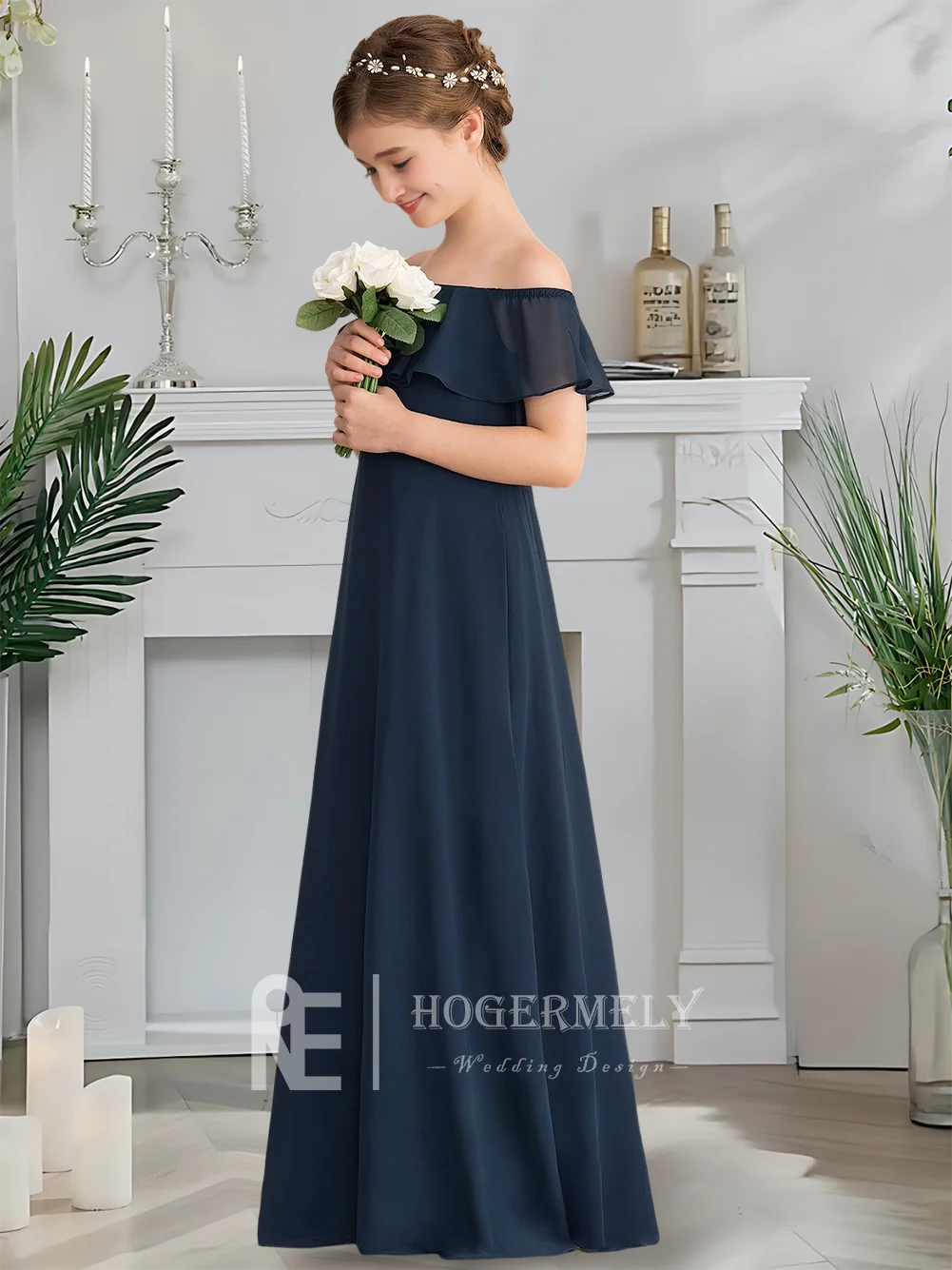 

A Off-The-Shoulder Junior Bridesmaid Dress Midnight Navy Flower Girl Dress Floor-Length Chiffon With Cascading Ruffles