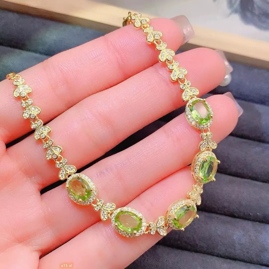 

KJJEAXCMY Fine jewelry 925 sterling silver natural peridot 5x7mm girls electroplated 18K gold bracelet deluxe version to Girl