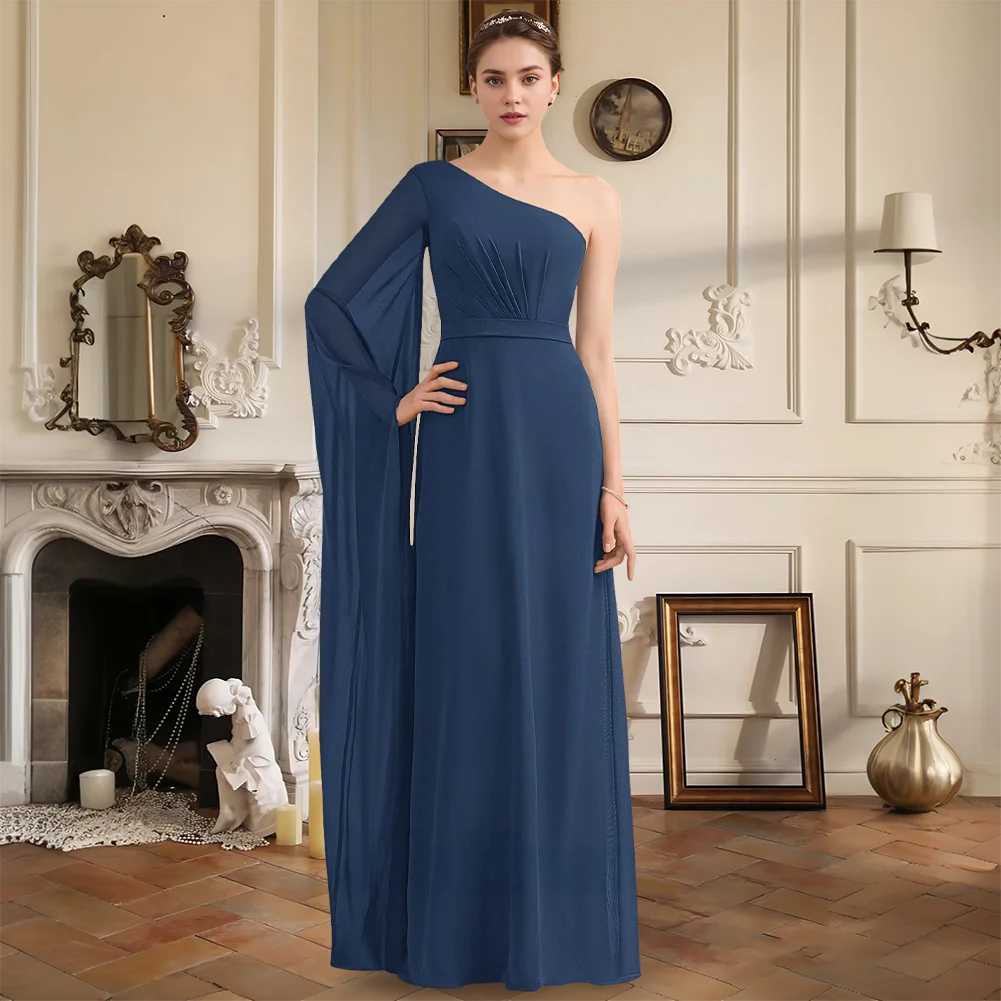

Bridesmaid Dresses Elegant A Line One Shoulder Floor Length Chiffon Long Sleeve Ruffle With Sash Wedding Party Evening Guest