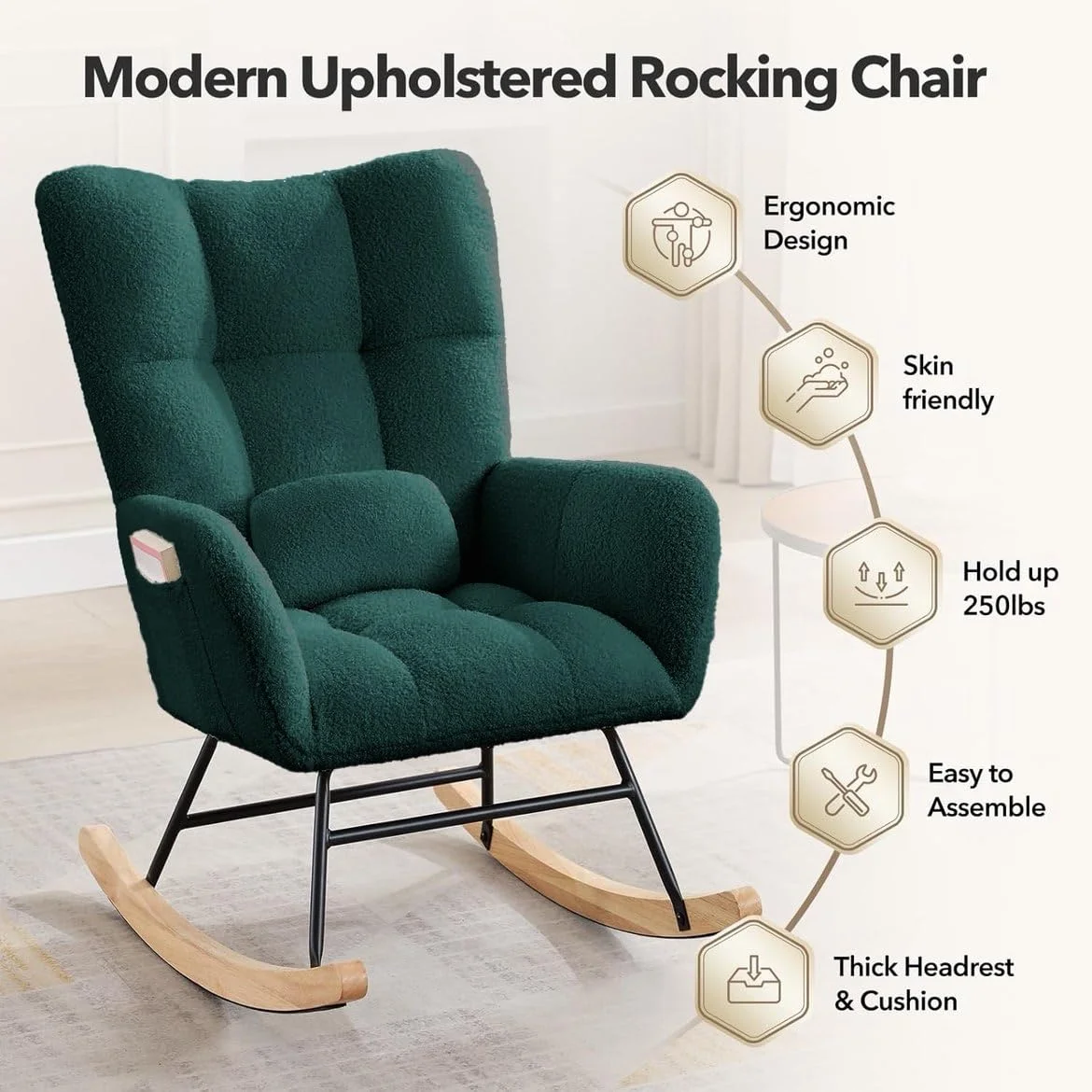 Moderner Schaukelstuhl mit Seitentasche – Gepolsterter Sitz mit hoher Rückenlehne, komfortabler Sessel für Wohnzimmer, Kinderzimmer und Schlafzimmer, zeitgenössisches Design in Grün