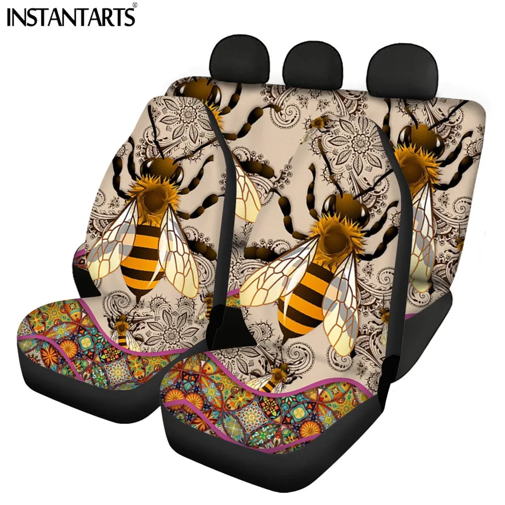 INSTANTARTS 4 Packs Car Seats Covers Retro Bee Pattern Comfortable Wear-resistant Polyester Pads Useful Vehicle Protect Supplies