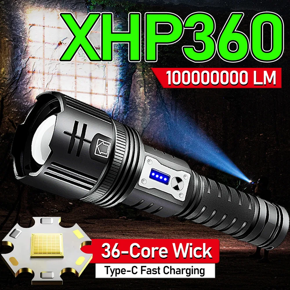 100000000LM XHP360 Most Powerful LED Flashlight 26650 5 Modes Zoom Torch USB Rechargeable XHP199 High Power LED Flashlight Torch