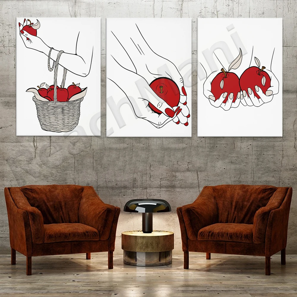 Three elegant apple prints, woman holding an apple, fruit art, red apple illustration, unique bedroom kitchen decor poster