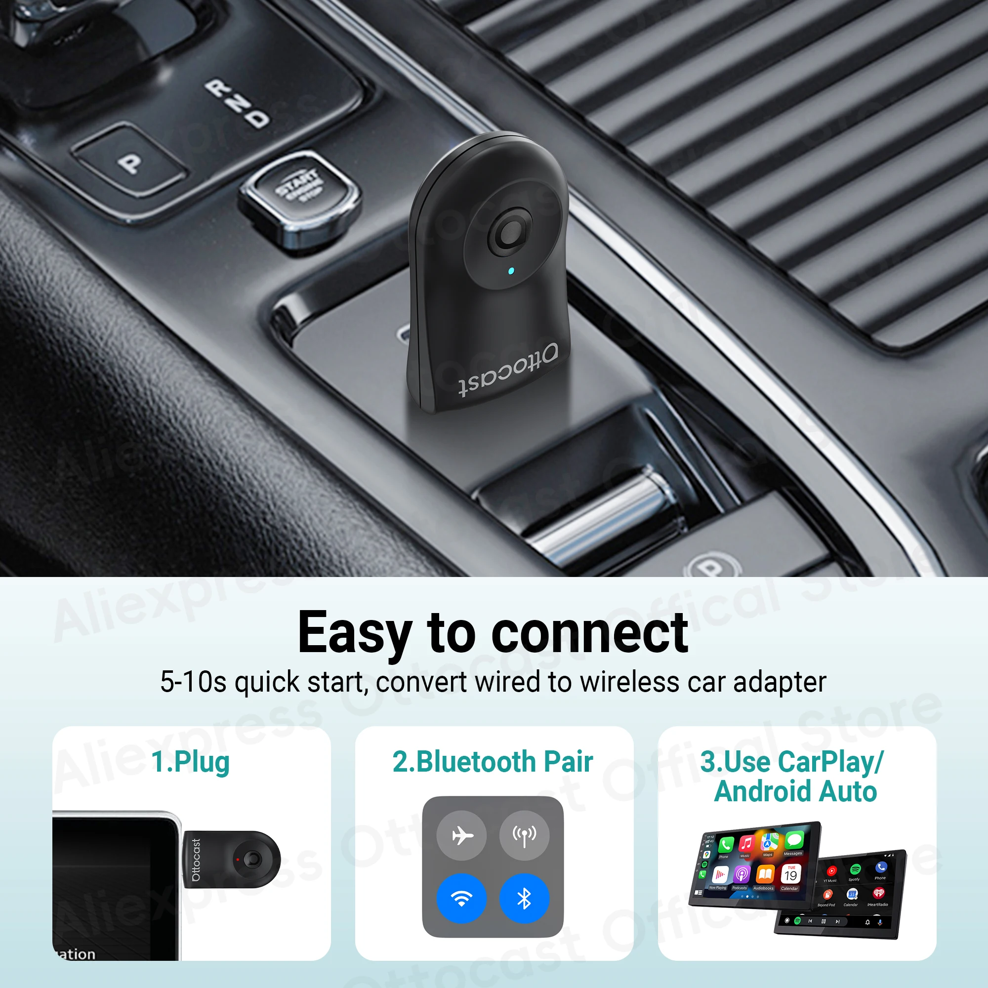 OTTOCAST MINI Adapter Kabelloser CarPlay Android Auto USB-Dongle Bluetooth Auto-Zubehör 2026 für VW Mazda Chery Toyota Ford – Detail 11