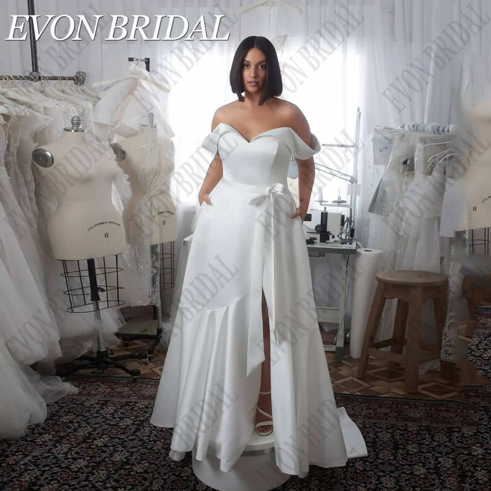 EVON BRIDAL Vestido De Noiva Fora Do Ombro Mulher Plus Size V-Neck Satin A Linha Elegante Vestidos De Novia Vestidos De Noiva Side SplitEVON BRIDAL Off Shoulder Vestido de Noiva Mulher Plus Size V-Neck Cetim A Linha El