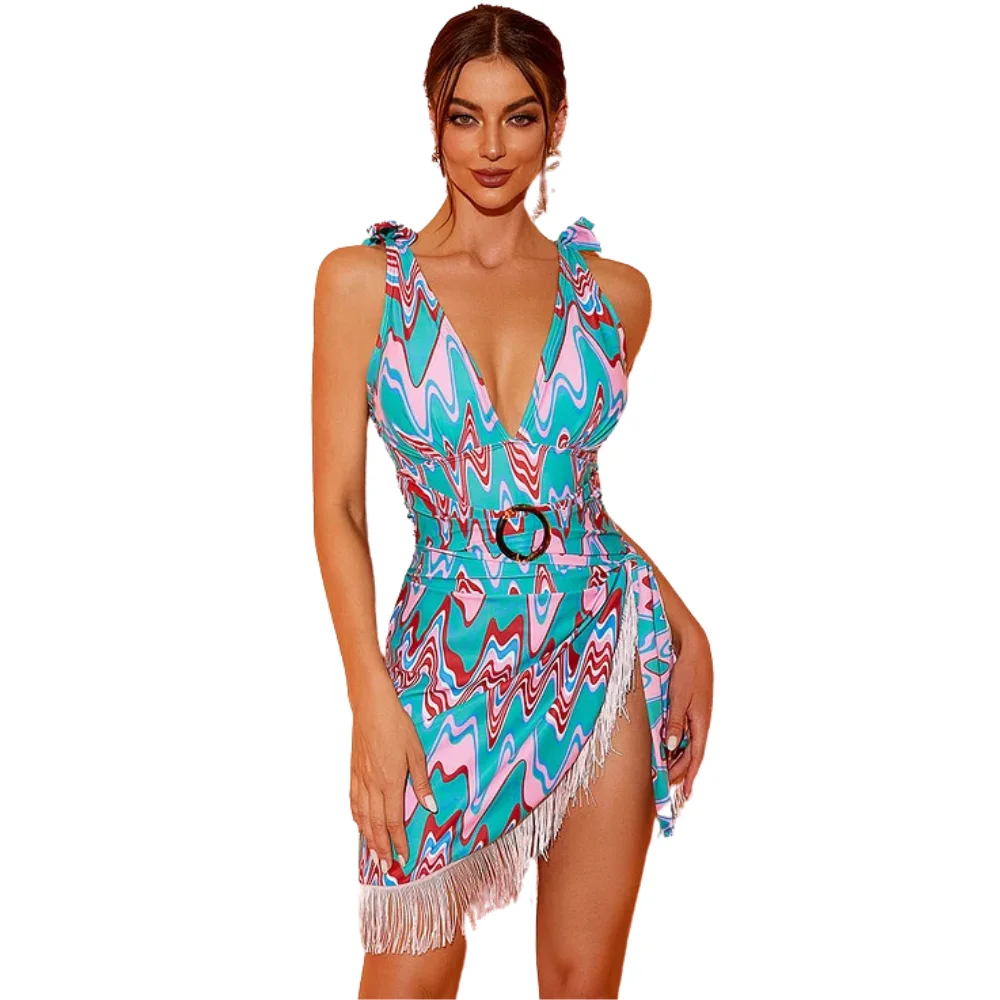 

2024 Women Swimsuit and Sarong Green Ripple Print Acrylic Ring One Piece Swimwear Set Women Beachwear Luxury Bathing Suit bikini